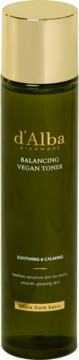 d'Alba Balancing Vegan Toner, kojący tonik z białymi truflami w zielonej butelce ze złotą zakrętką, widok z przodu.
