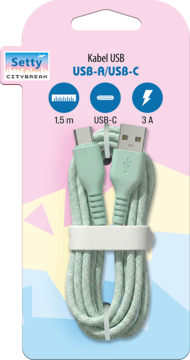 Setty Citybreak kabel USB-A do USB-C w miętowym kolorze, 1.5m, 3A, w opakowaniu. Widok z przodu.