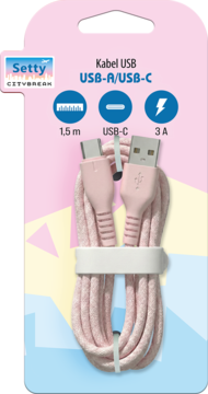 Różowy, pleciony kabel USB-A/USB-C Setty 1,5m na opakowaniu. Złącza USB-A i USB-C, 3A.