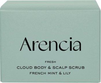 Arencia Fresh Cloud Body & Scalp Scrub French Mint & Lily, jasnomiętowe, kwadratowe opakowanie, widok z przodu.