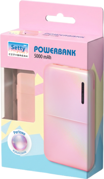 Różowy powerbank Setty 5000 mAh z perłowym wykończeniem, w otwartym kartonowym opakowaniu, widok pod kątem.
