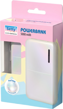 Biały perłowy powerbank Setty 5000 mAh, widoczny w oknie różowo-niebieskiego pudełka. Widok z przodu.