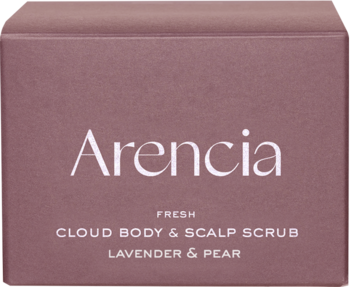 Opakowanie Arencia Fresh Cloud Body & Scalp Scrub Lavender & Pear w brązowo-różowym pudełku z białymi napisami, widok z góry.