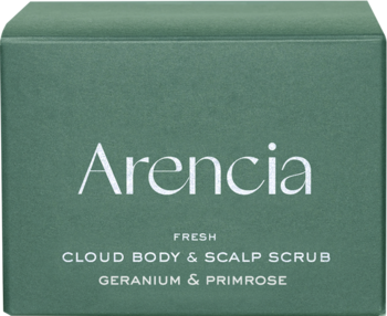 Ciemnozielone opakowanie Arencia Cloud Body & Scalp Scrub Geranium & Primrose, widok z przodu.