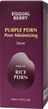 Purpurowe serum EQQUAL BERRY Purple PDRN Pore Minimizing w fioletowym pudełku, widok z przodu, 30ml.