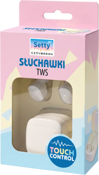 Białe słuchawki TWS Setty z dotykowym sterowaniem w różowo-żółtym pudełku z okienkiem, widok z przodu.