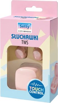 Różowe słuchawki TWS Setty Citybreak w kartonowym pudełku z okienkiem, napisem Touch Control.