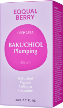 EQQUAL BERRY Bakuchiol Plumping Serum w jasnofioletowym pudełku, widok z przodu, z różową etykietą i tekstem.