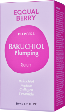 EQQUAL BERRY Bakuchiol Plumping Serum w jasnofioletowym pudełku, widok z przodu, z różową etykietą i tekstem.