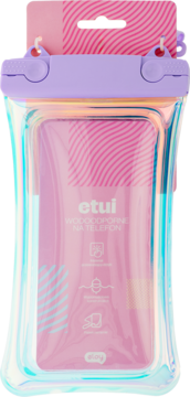 Iridescent wodoodporne etui na telefon z fioletowym zamknięciem, przezroczyste, z różową wkładką tekstową.