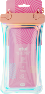 Wodoodporne etui na telefon, holograficzna folia z różowym klipsem, napis 'etui WODDOOPORNE NA TELEFON', widok z przodu.