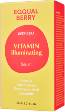 Żółte pudełko EQQUAL BERRY VITAMIN illuminating Serum, z czerwonym kółkiem i listą składników aktywnych, widok z przodu.