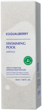 EQQUALBERRY Swimming Pool Ampoule 50ml in white box with purple text, angled front view for hydration.