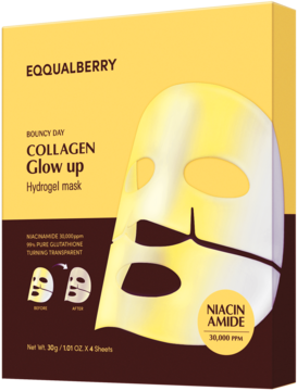 Żółto-brązowe opakowanie hydrożelowych masek EQQUALBERRY Collagen Glow Up z niacynamidem, widok z przodu.
