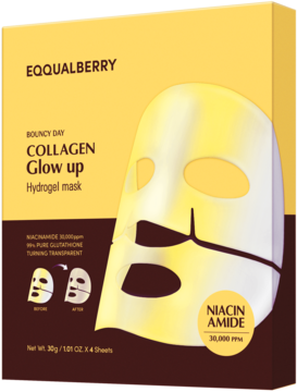 Żółto-brązowe opakowanie hydrożelowych masek EQQUALBERRY Collagen Glow Up z niacynamidem, widok z przodu.