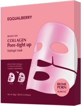 EQQUALBERRY Collagen Pore-tight up hydrożelowa maska w różowo-bordowym pudełku, widok z przodu.