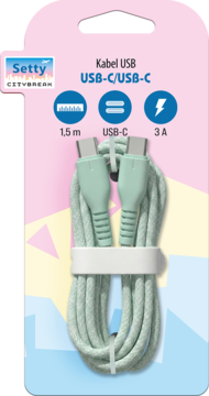 Miętowy kabel USB-C/USB-C Setty Citybreak 1.5m w oplocie, z ikonami, w różowo-niebieskim blistrze.