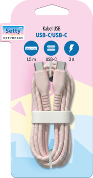 Różowy, pleciony kabel USB-C do USB-C 1.5m, 3A na opakowaniu detalicznym Setty Citybreak, widok z przodu.