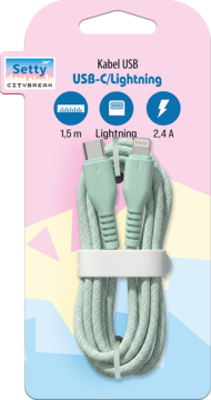 Miętowy, pleciony kabel USB-C na Lightning Setty 1.5m w białym opakowaniu kartonowym, widok z przodu.