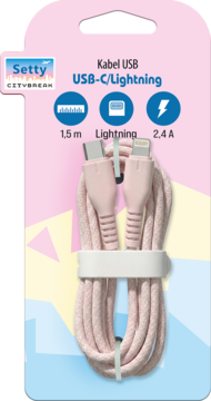 Różowy pleciony kabel USB-C/Lightning Setty, 1,5m, w blistrze. Widoczne różowe końcówki USB-C i Lightning.