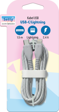 Szary, opleciony kabel USB-C/Lightning Setty 1.5m, zapakowany w kartonowy blister, widok z przodu.
