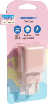 Różowa ładowarka sieciowa Setty Citybreak 20W z USB-C/A, w opakowaniu blister, perłowe wykończenie.
