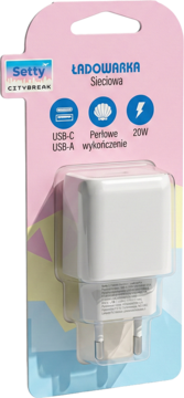 Biała ładowarka sieciowa Setty 20W z USB-C/USB-A i perłowym wykończeniem, w blistrze, przód.