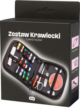 Czarne pudełko turystycznego zestawu krawieckiego, z grafiką otwartego etui pełnego nici i akcesoriów.