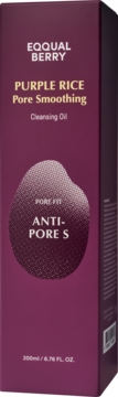 Wysokie, fioletowe pudełko olejku oczyszczającego EQQUAL BERRY PURPLE RICE Pore Smoothing 200ml, widok z przodu.