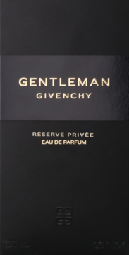 Czarne, matowe pudełko Gentleman Givenchy Réserve Privée EDP dla mężczyzn ze złotym napisem, widok z przodu.