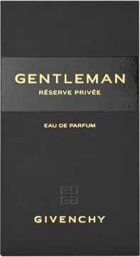 Czarne pudełko perfum Givenchy Gentleman Réserve Privée EDP, złote napisy i logo, widok z przodu.