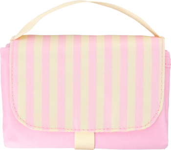 Eloy mini mata piknikowa, złożona, w różowo-kremowe paski, z widocznym zapięciem. Widok z przodu.