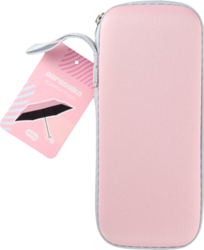 Eloy mini parasol kieszonkowy w podłużnym, różowym etui, widok z przodu, z wystającą metką.