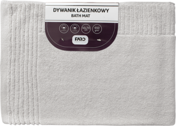 Biały dywanik łazienkowy 650gsm z etykietą "BATH MAT", widoczna żebrowana tekstura, złożony produkt.