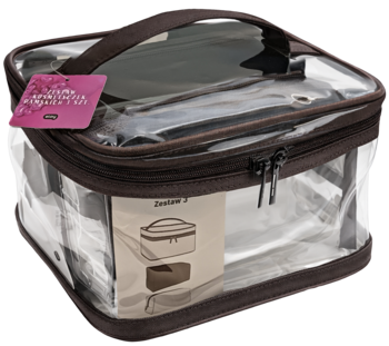 Kwadratowa, przezroczysta kosmetyczka z brązowym uchwytem i suwakiem, widok z przodu. Z instrukcją.