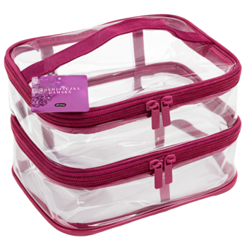 Zestaw dwóch przezroczystych kosmetyczek podróżnych z fuksjowymi zamkami i uchwytami, ułożone jedna na drugiej.