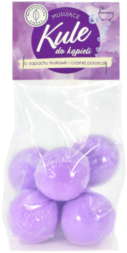 5 fioletowych kul do kąpieli o zapachu truskawki, czarnej porzeczki, jagody i frezji, w folii.