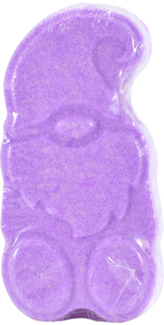 Fioletowy krasnal do kąpieli o zapachu truskawki i czarnej porzeczki, zapakowany w folię, widok z przodu.