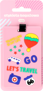 Eloy etykieta bagażowa różowa, z wzorami podróżnymi: balon, bus, aparat, Route 66, hasła podróżne, widok z przodu.