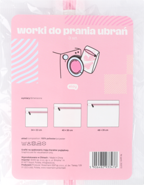 Eloy zestaw 3 siatek na pranie, tył opakowania. Różowe tło z ilustracją pralki i worków, widoczne rozmiary.
