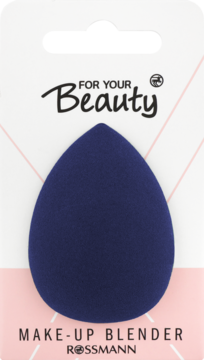 Granatowa gąbka do makijażu For Your Beauty Rossmann, w kształcie łezki, zapakowana w blister, widok z przodu.