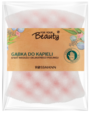 Zapakowana gąbka For Your Beauty do kąpieli z efektem masażu i peelingu, biało-różowa, widok z przodu.