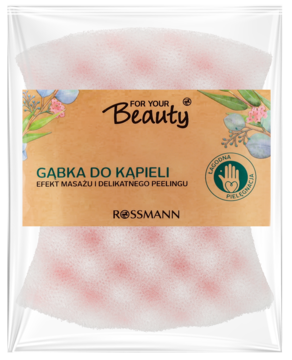 Zapakowana gąbka For Your Beauty do kąpieli z efektem masażu i peelingu, biało-różowa, widok z przodu.