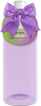 Lawendowy płyn do kąpieli o zapachu winogron w butelce z purpurową kokardą, widok z przodu.