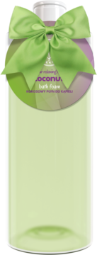 Butelka przezroczystego płynu do kąpieli o zapachu kokosa, z zieloną kokardą i okrągłą etykietą, widok z przodu.