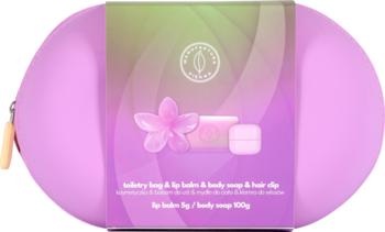 Fioletowo-różowy zestaw upominkowy z balsamem do ust, mydłem i spinką do włosów, z kwiatowym wzorem.