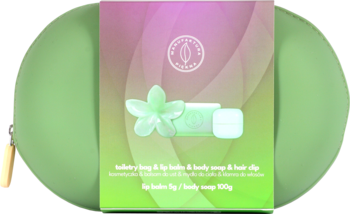 Zielony owalny zestaw mydła i balsamu z plumerią, różowo-zielona opaska, widok z przodu.