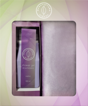 Manufaktura Piękna malinowy żel pod prysznic 100ml w fioletowej butelce, w ozdobnym pudełku prezentowym.