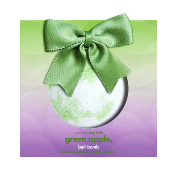 Zielona jabłkowa kula do kąpieli w ozdobnym pudełku, z gradientem zieleni i fioletu, z zieloną satynową kokardą.