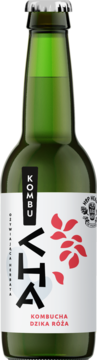 Zielona butelka kombuchy Dzika Róża z białą etykietą, czerwonymi kwiatami i napisem VHA, widok z przodu.